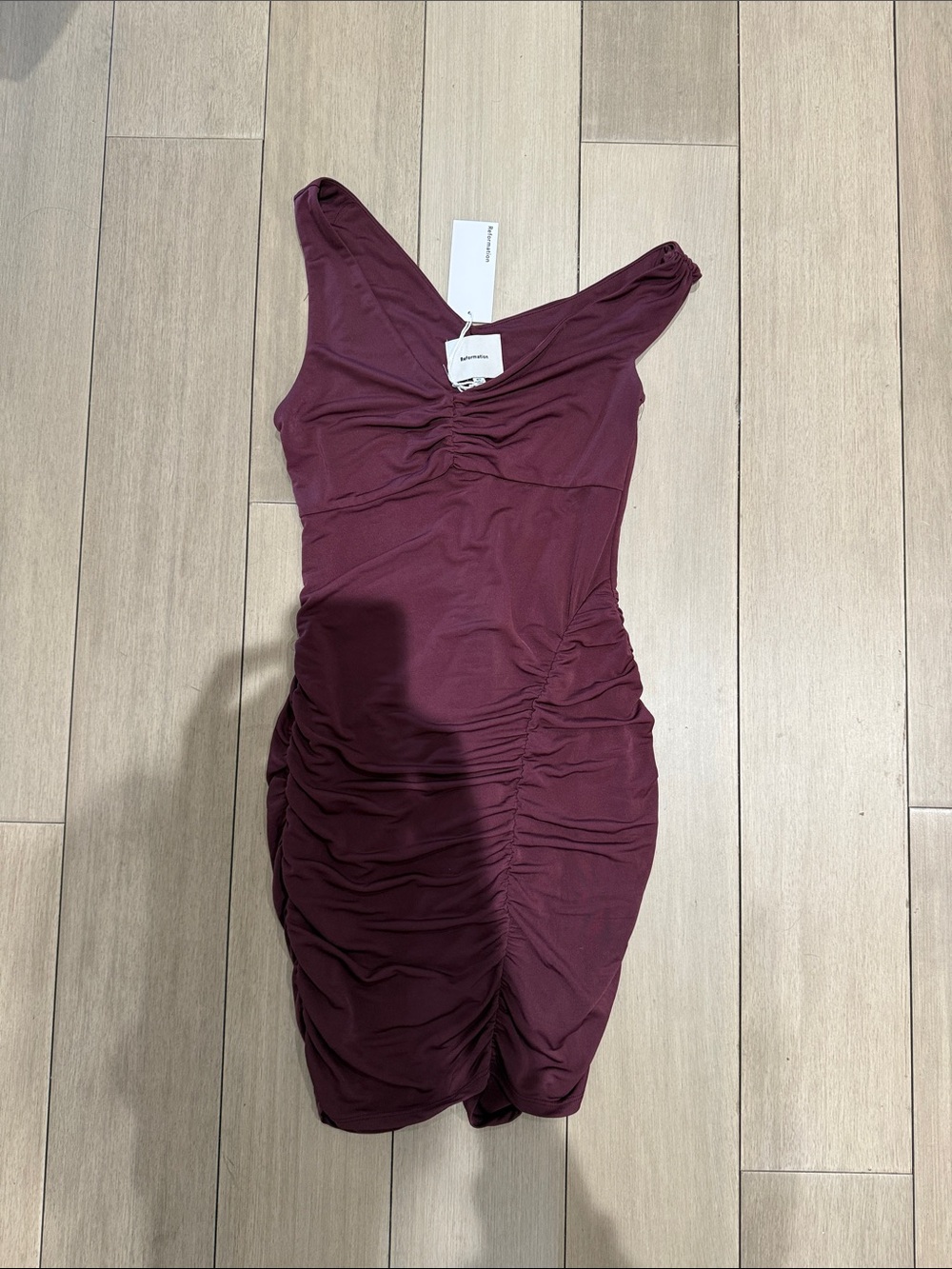 Reformation Ruched Burgundy Mini Dress